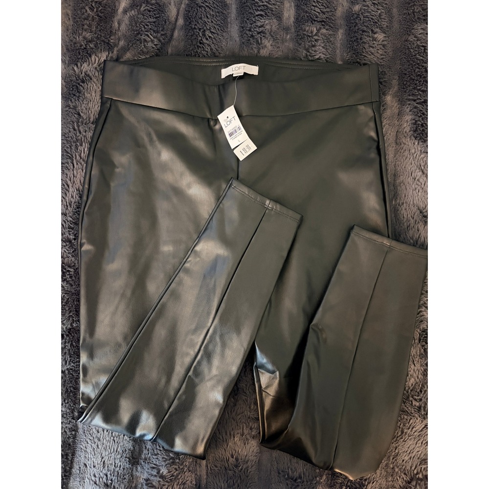 Loft Faux Leather Leggings L Black Pull On Seam Detail Chic Modern Date Night